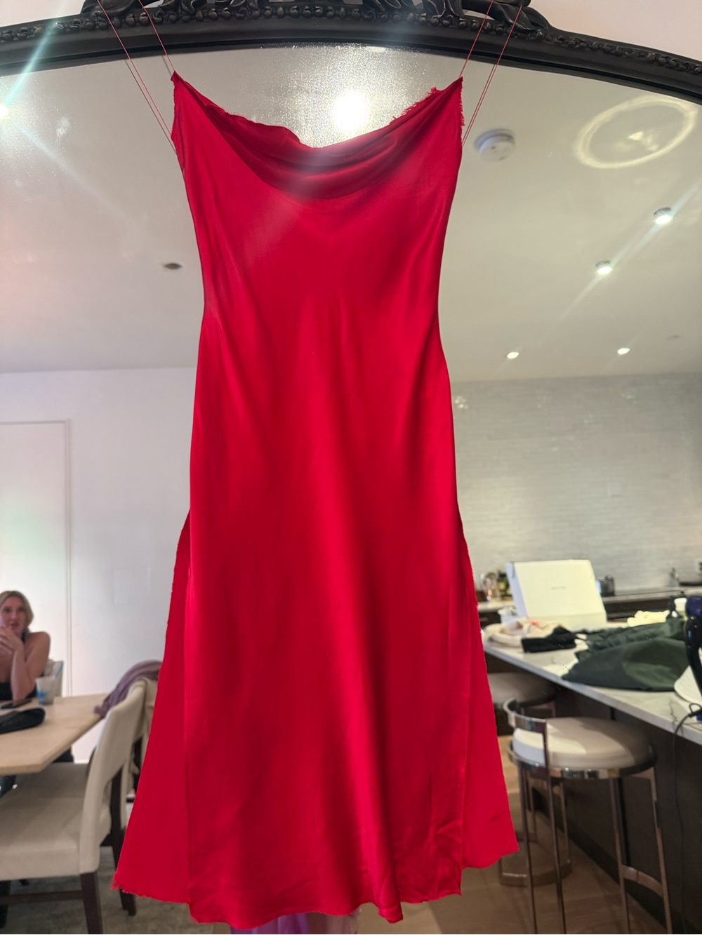 ARE YOU AM I Red Satin Slip Midi Dress Cowl Neck Bias Cut XS Evening